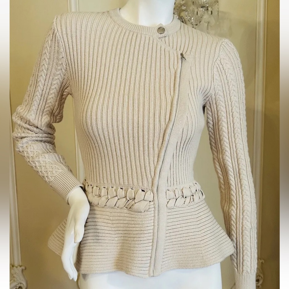 NWT JONATHAN-SIMKHAI Andi Knit Peplum Stone Beige Cotton Wool  Jacket Size XS